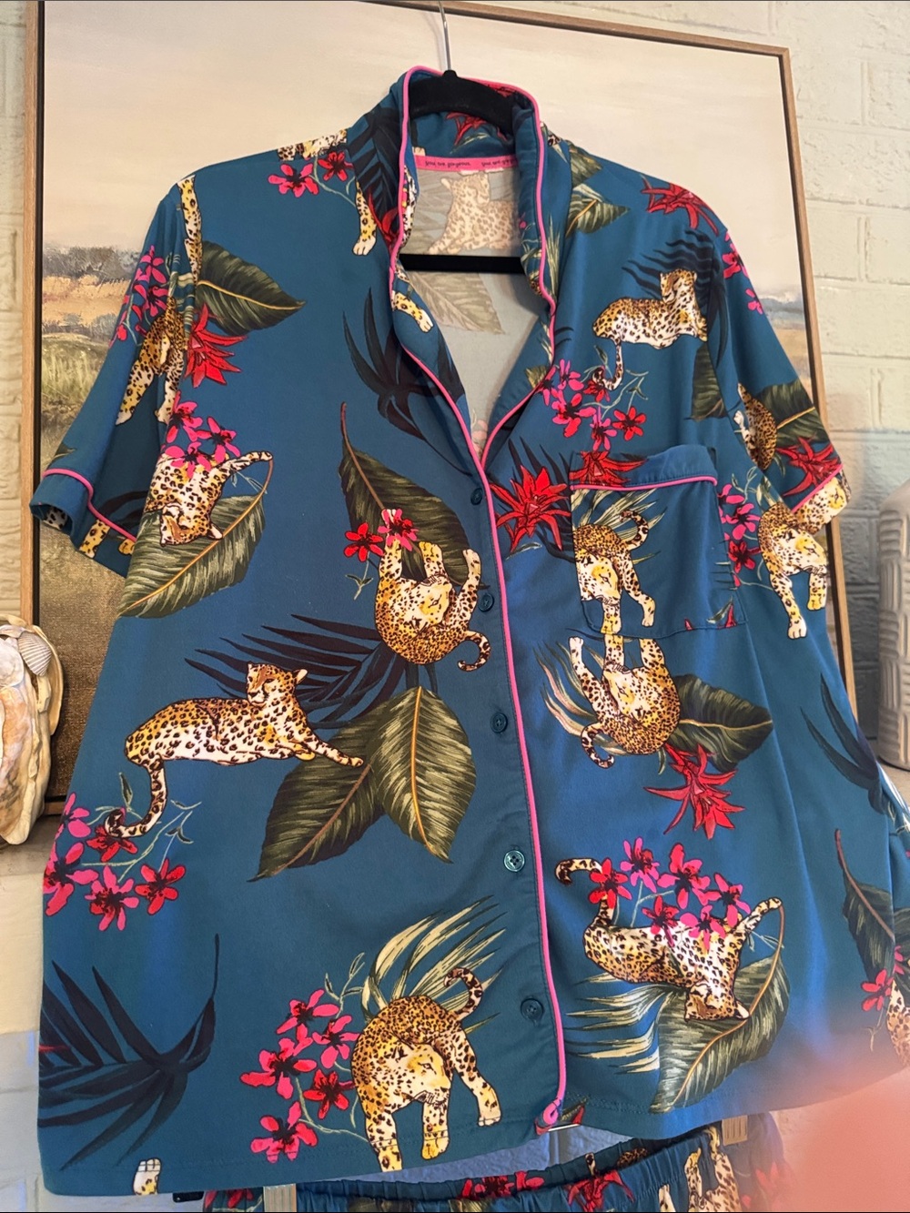 Teal Leopard-Print Short Sleep Shirt with Pink Piping - Picture 3 of 12
